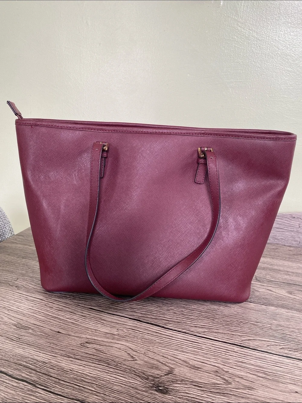 Michael Kors Burgandy Plum Zip Top Tote with Gold Hardware